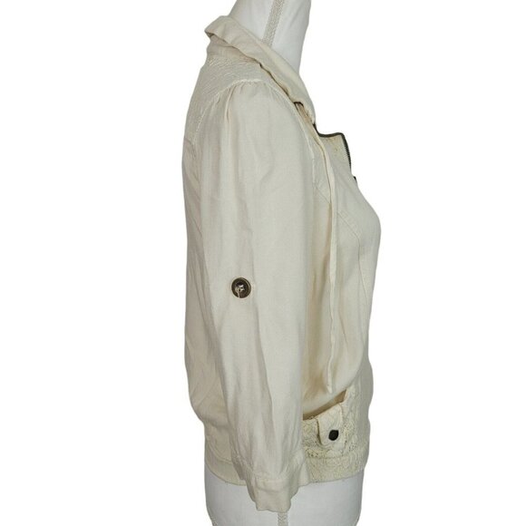 American Rag Sz Small Cream Shacket Lace Detail 3/4 Roll Tab Sleeves Full Zip - Picture 3 of 11
